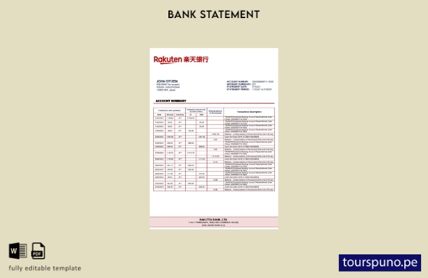 listo para imprimir plantilla de word   extracto bancario de Rakuten de Japón